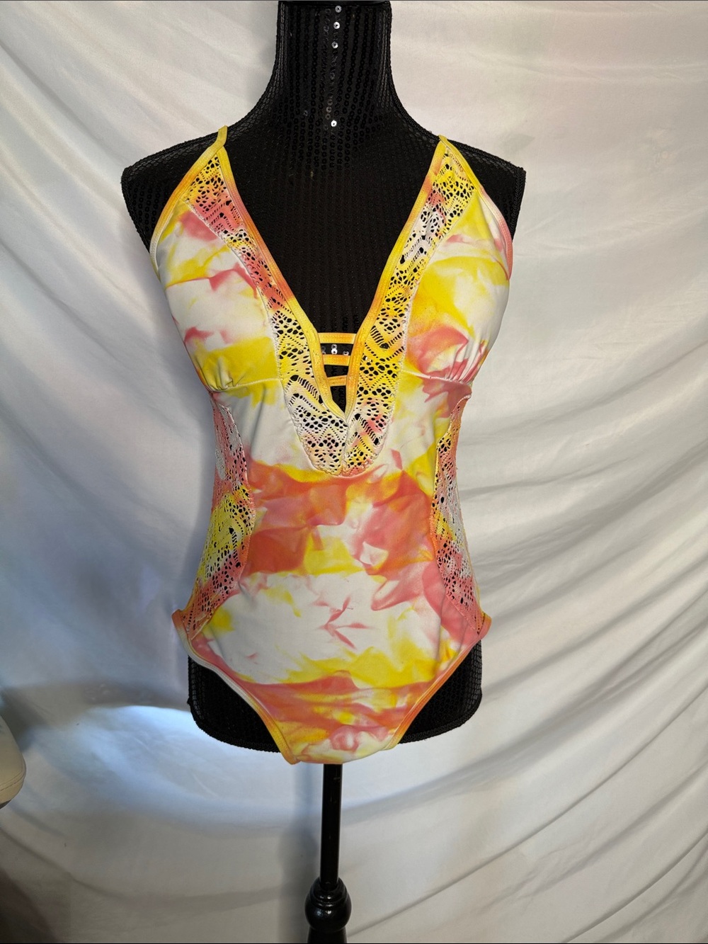 One of a kind TiniBikini Yellow, coral and White Tie-Dye One-Piece Swimsuit